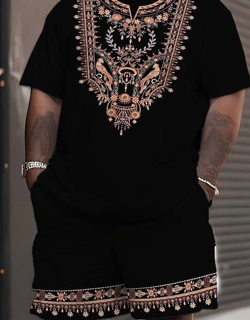 Load image into Gallery viewer, Plus-Size Men&#39;S Sports Casual Drawstring Set with Short Sleeves And Shorts, Featuring a National Style, Plus Size
