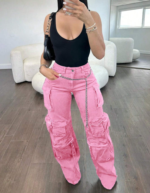 Load image into Gallery viewer, Women Cargo Jeans High Waisted Cargo Pants Y2k Baggy Wide Leg Denim Trousers With Flap Pockets
