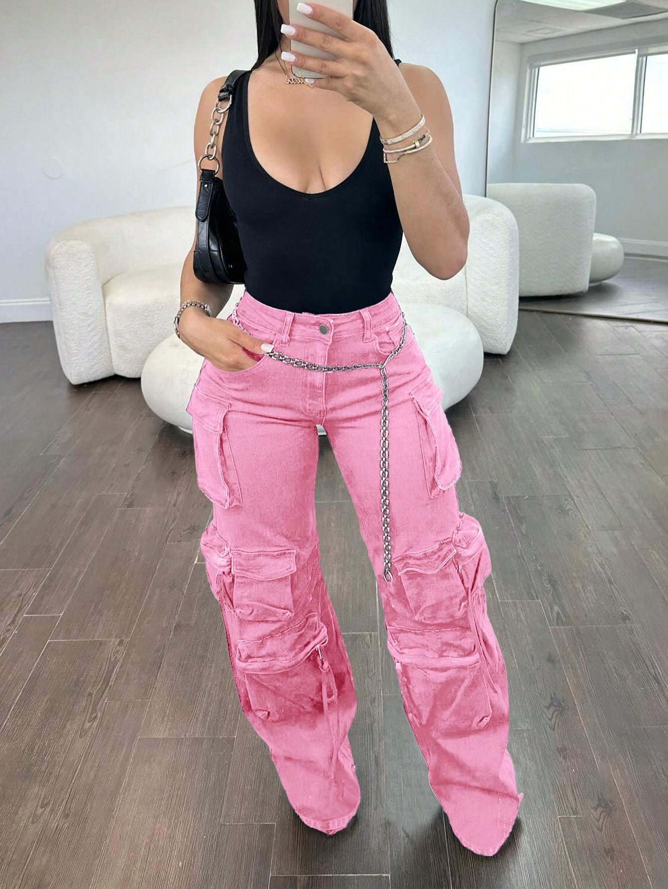 Women Cargo Jeans High Waisted Cargo Pants Y2k Baggy Wide Leg Denim Trousers With Flap Pockets