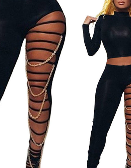 Load image into Gallery viewer, Women&#39;s Skinny Black Leggings with Chain Accents - Sexy Cutout Ripped Design, Mid-Waist, Stretchy Full-Length Pants, Polyester, Machine Washable
