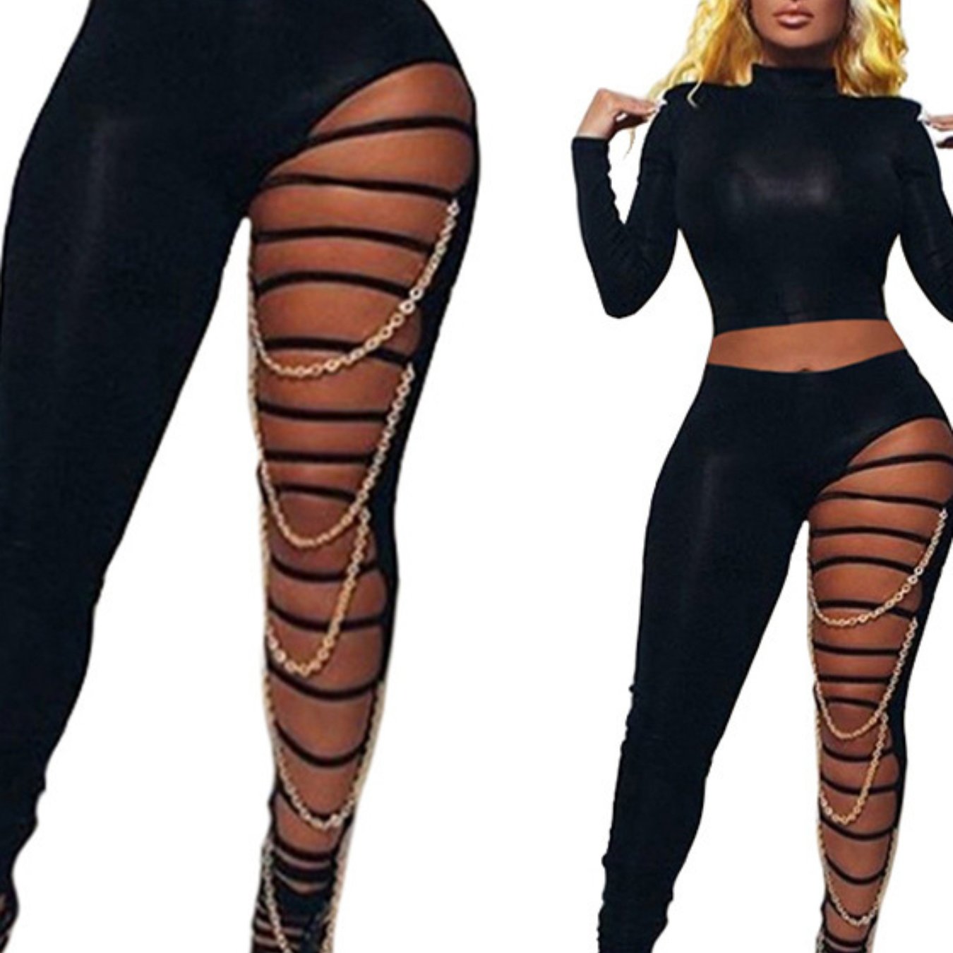 Women's Skinny Black Leggings with Chain Accents - Sexy Cutout Ripped Design, Mid-Waist, Stretchy Full-Length Pants, Polyester, Machine Washable