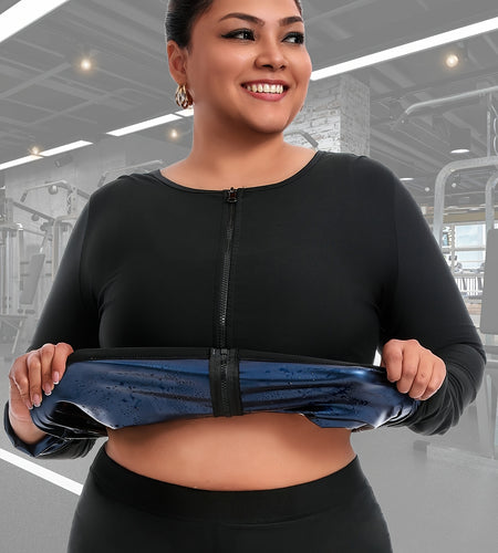 Women's Plus Size Long Sleeve Zip-Up Yoga Top - Stretchy Polyester Athletic Shirt, Breathable Workout Tee for Gym & Training, Black, Gym Wear | Sleek Design | Glossy Fabric