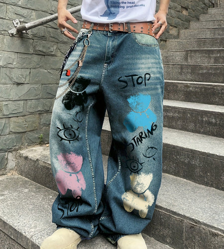 Men's Streetwear Wide-Leg Floor-Length Oversized Jeans - High-Waisted Elastic Waist Trousers with Letter Print (Stop/Go/Up//Yes/No) & Pocket Design -