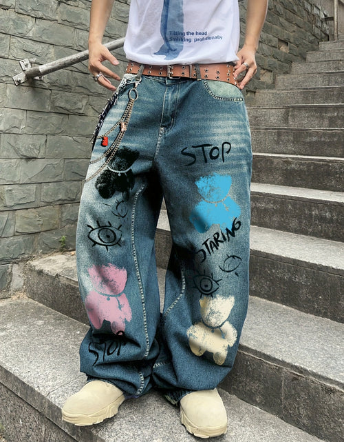 Load image into Gallery viewer, Men&#39;s Streetwear Wide-Leg Floor-Length Oversized Jeans - High-Waisted Elastic Waist Trousers with Letter Print (Stop/Go/Up//Yes/No) &amp; Pocket Design -
