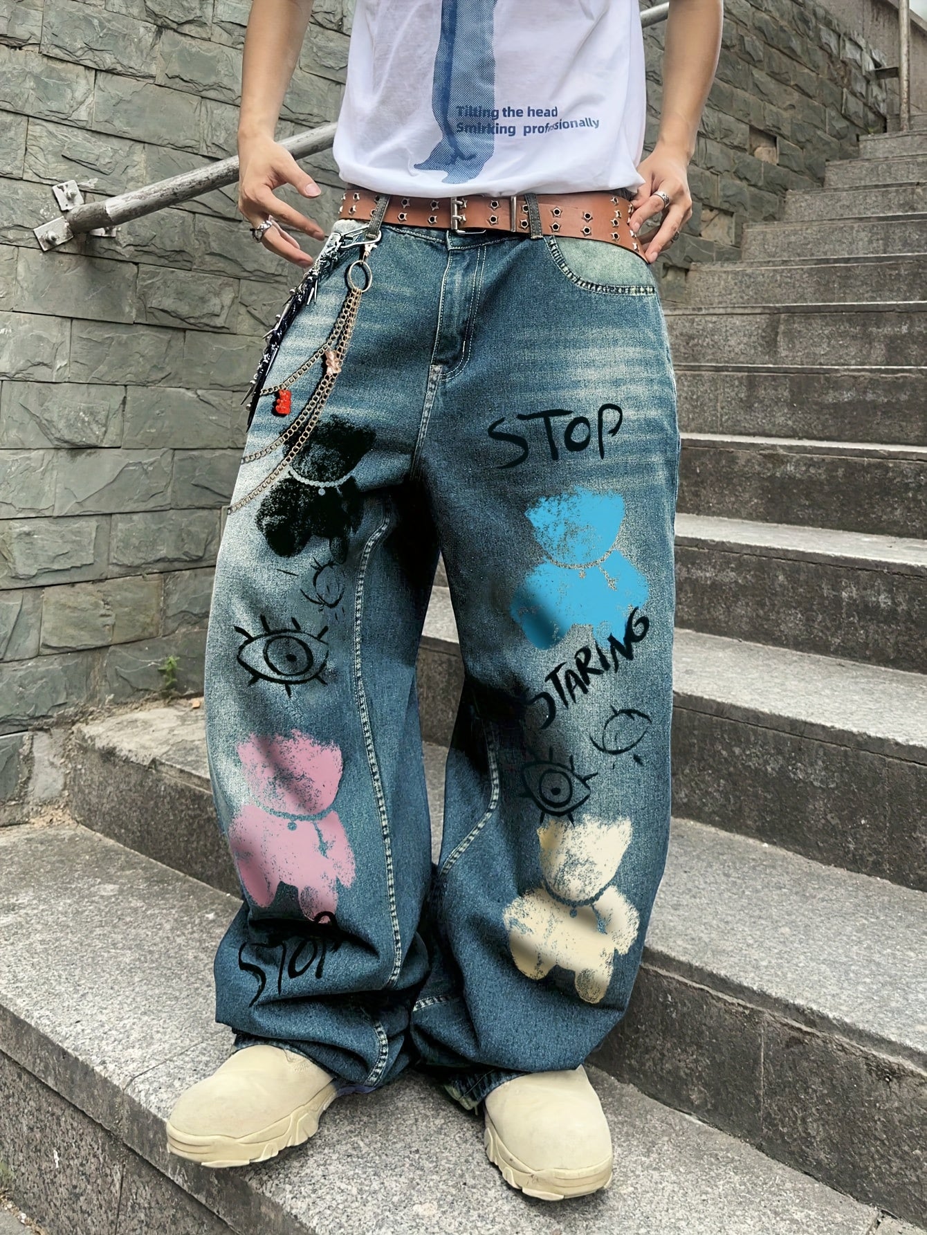 Men's Streetwear Wide-Leg Floor-Length Oversized Jeans - High-Waisted Elastic Waist Trousers with Letter Print (Stop/Go/Up//Yes/No) & Pocket Design -
