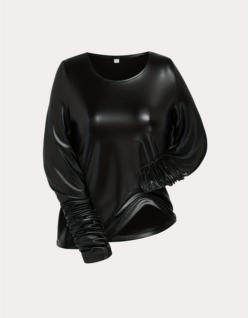 Load image into Gallery viewer, Women&#39;s Shiny Leather-Like Jumpsuit - Black Long Sleeve with Scrunched Pants &amp; Drawstring Waist | Edgy Bodycon Style for Night Clubs, Fashion Events &amp; Streetwear (Stretchy Fabric Slim-Fitting) for Fall &amp; Winter
