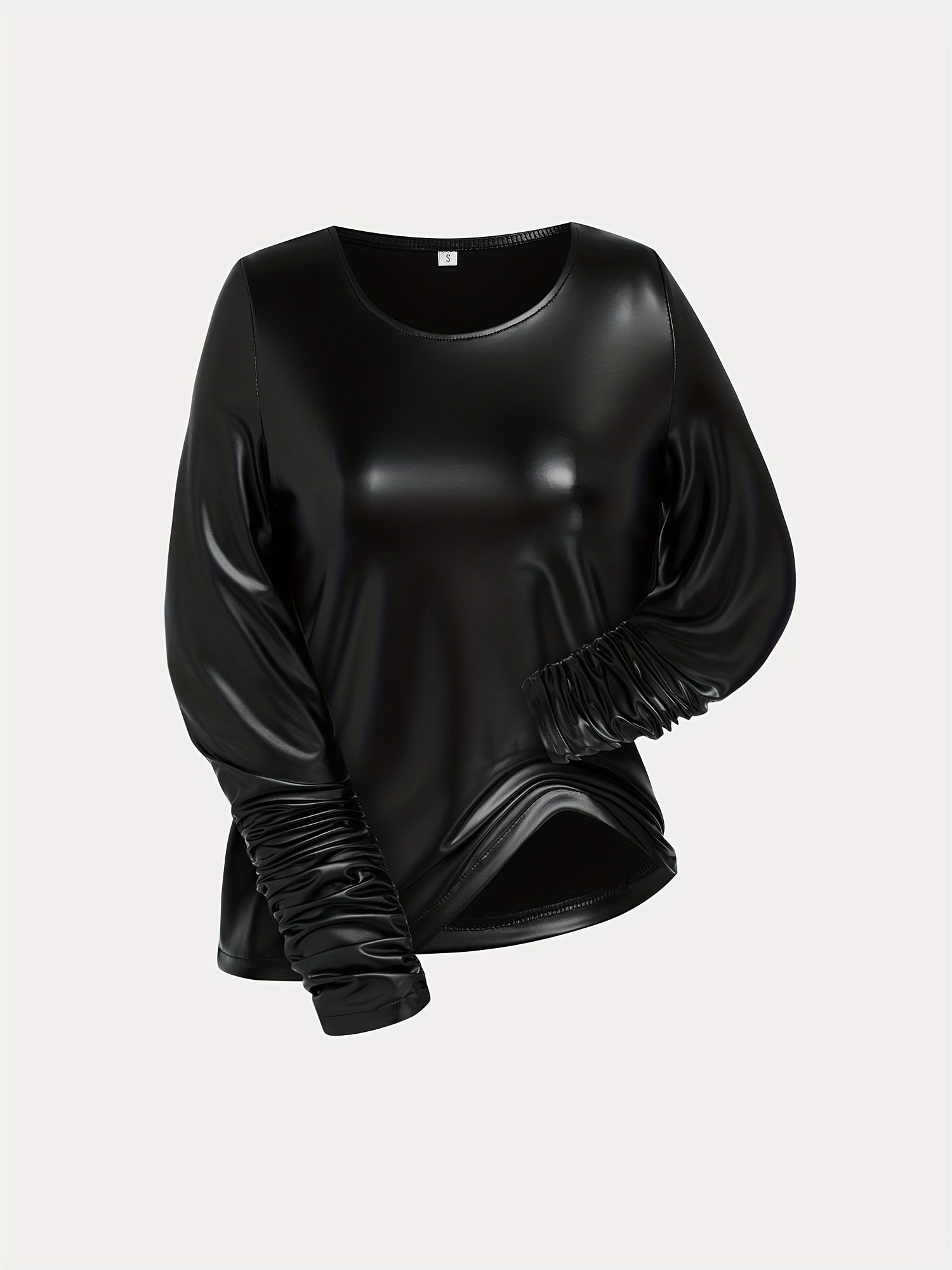 Women's Shiny Leather-Like Jumpsuit - Black Long Sleeve with Scrunched Pants & Drawstring Waist | Edgy Bodycon Style for Night Clubs, Fashion Events & Streetwear (Stretchy Fabric Slim-Fitting) for Fall & Winter