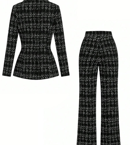 2pcs Women's Black & White Plaid Suit Jacket and Wide-Leg Pants - Collar Button-Front Coat, Hand Washable Winter Attire
