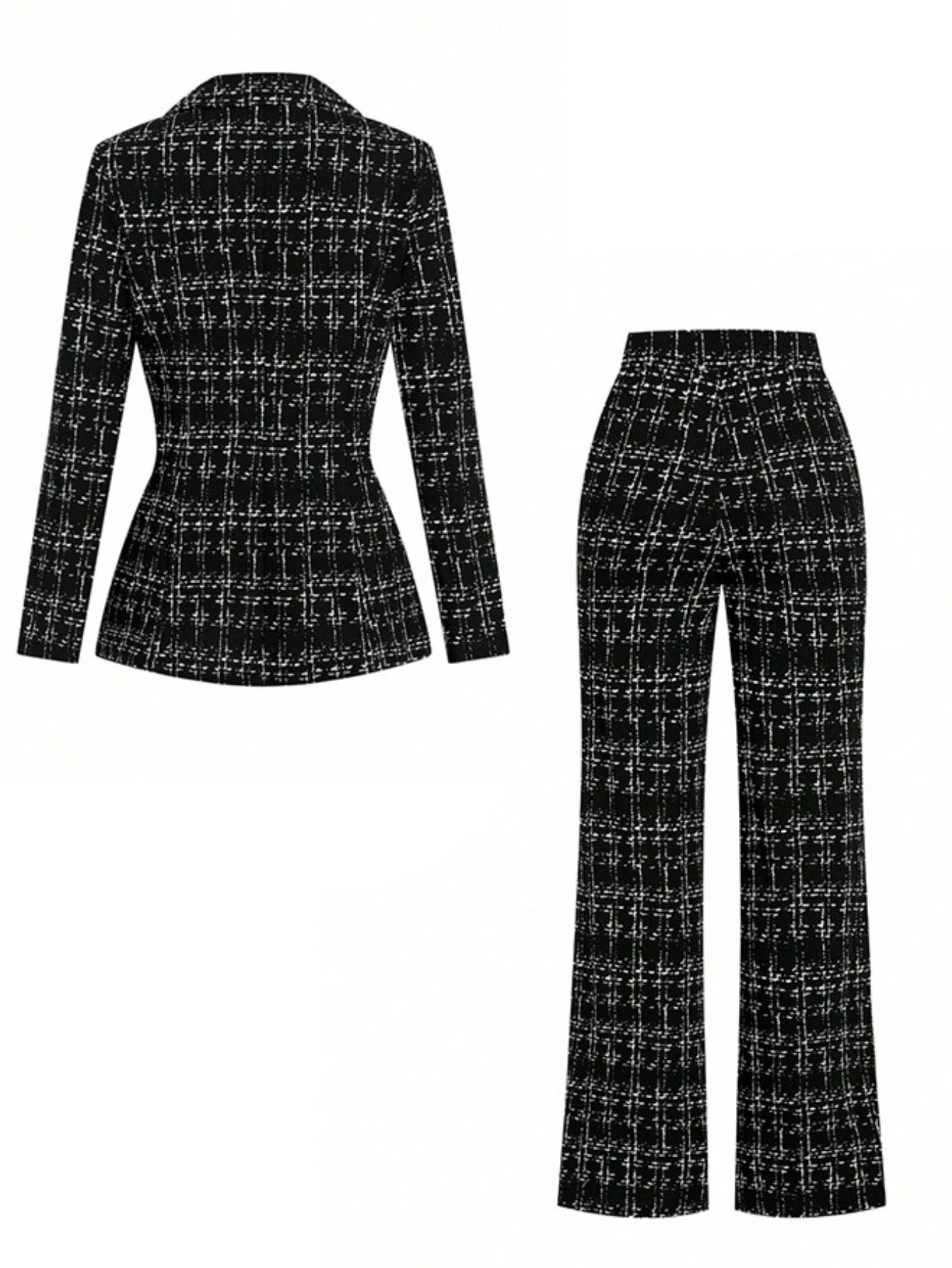2pcs Women's Black & White Plaid Suit Jacket and Wide-Leg Pants - Collar Button-Front Coat, Hand Washable Winter Attire