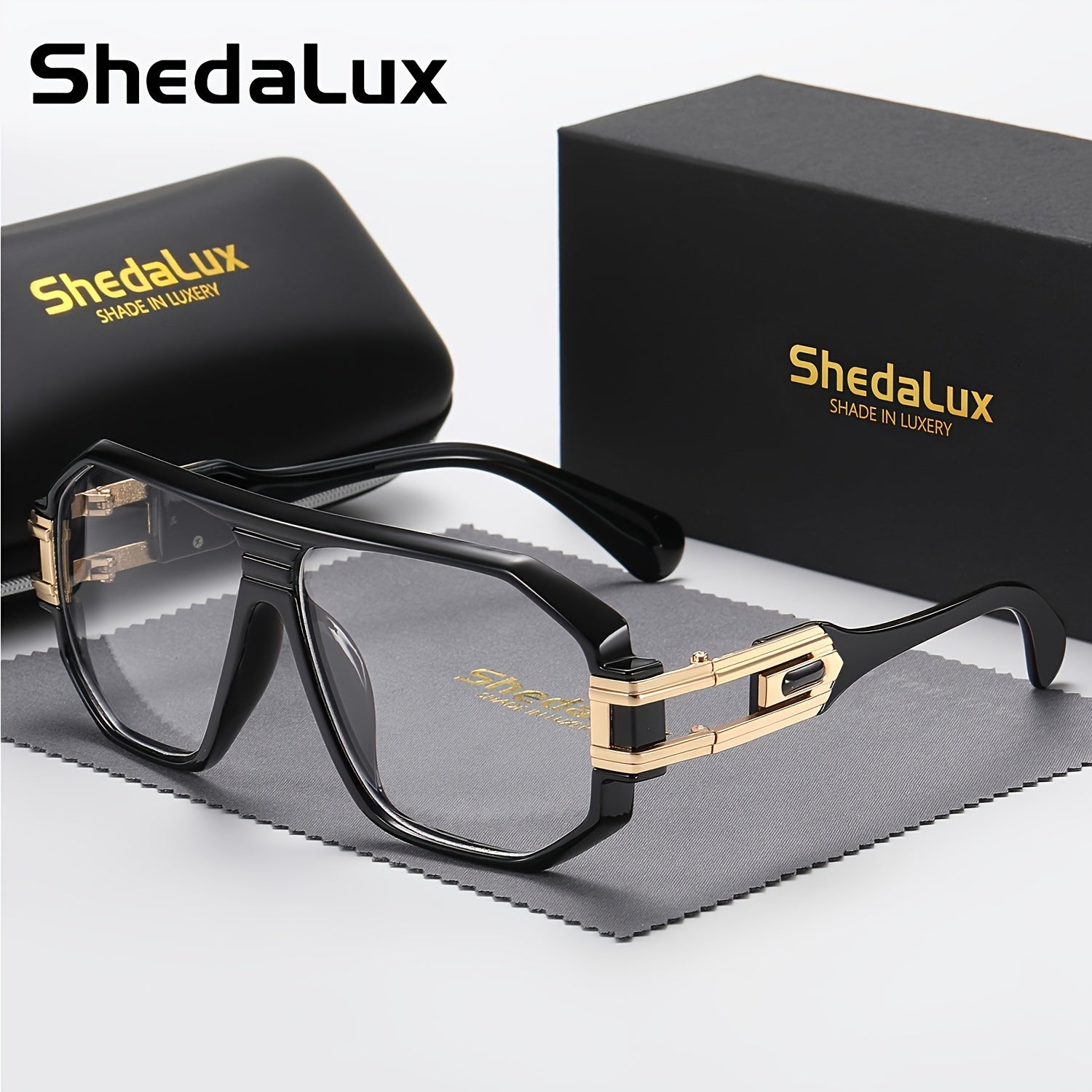 Men's Oversized Metal Frame Fashion Glasses - Black & Golden Accents, Lightweight Durable Design for Casual,, - Includes Protective Case, Casual Eyewear, Trendy Eyewear, Stylish Packaging, Accessories, Sturdy Construction
