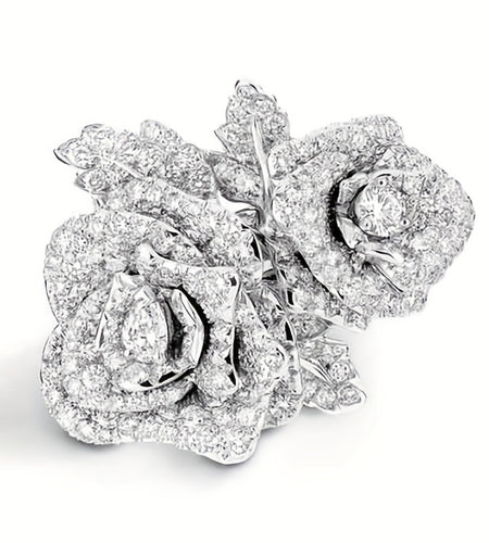 Elegant Copper Plated Double Rose Crystal Ring - Luxurious Synthetic Zirconia Floral Design for Women