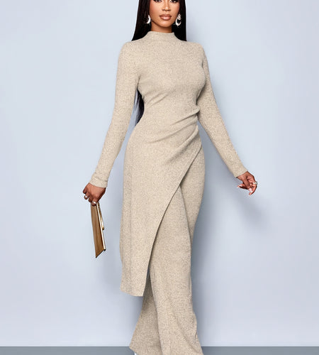 Ladies' Elegant Minimalist Asymmetrical  High-Neck Shirt Long Pants Set