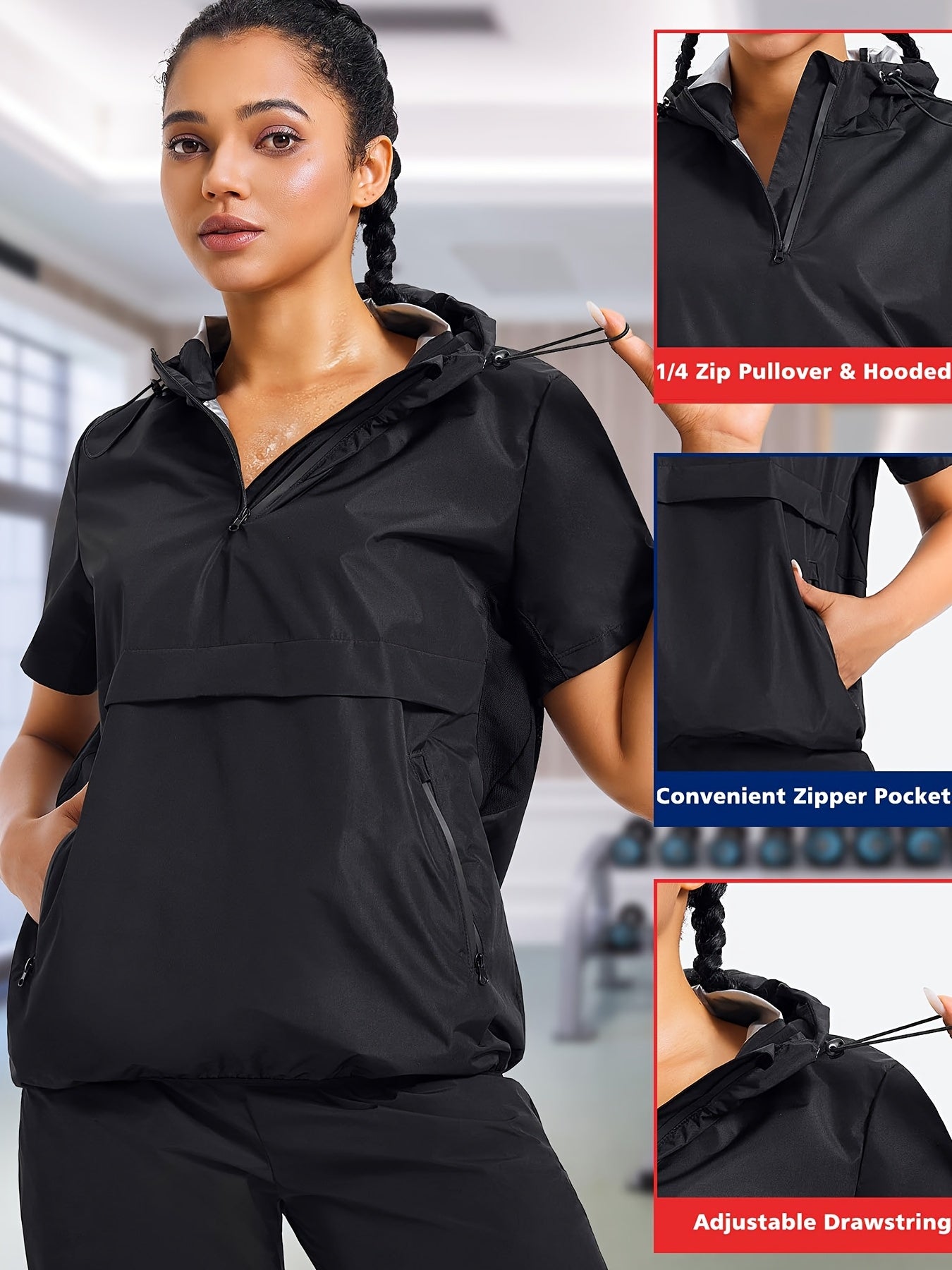 Plus Size Women's Sauna Jacket - Workout Top with Zipper Front, Moisture-Wicking Polyester, Stand Collar & Short Sleeves for Gym, Casual Wear - All-Season Body Shaper, Gym Apparel, Sleek Sporty Design, Medium Elasticity