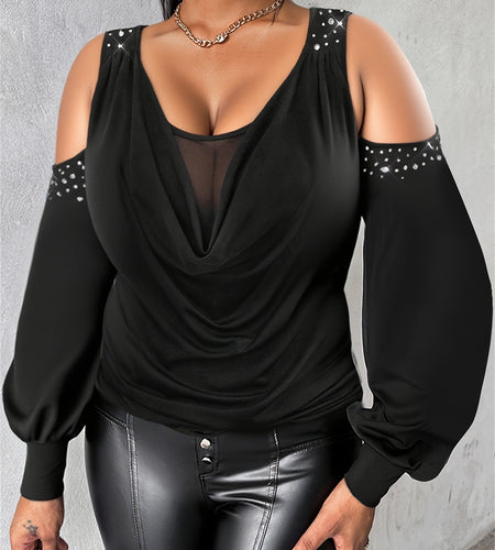 Plus Size - Plus Size - Plus Size Rhinestone Cowl Neck Lantern Sleeve Blouse - Casual Cold Shoulder Top with Mesh Lining, Stretchy & Breathable Fabric