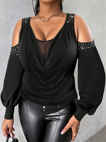 Plus Size - Plus Size - Plus Size Rhinestone Cowl Neck Lantern Sleeve Blouse - Casual Cold Shoulder Top with Mesh Lining, Stretchy & Breathable Fabric