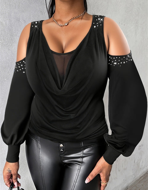Load image into Gallery viewer, Plus Size - Plus Size - Plus Size Rhinestone Cowl Neck Lantern Sleeve Blouse - Casual Cold Shoulder Top with Mesh Lining, Stretchy &amp; Breathable Fabric
