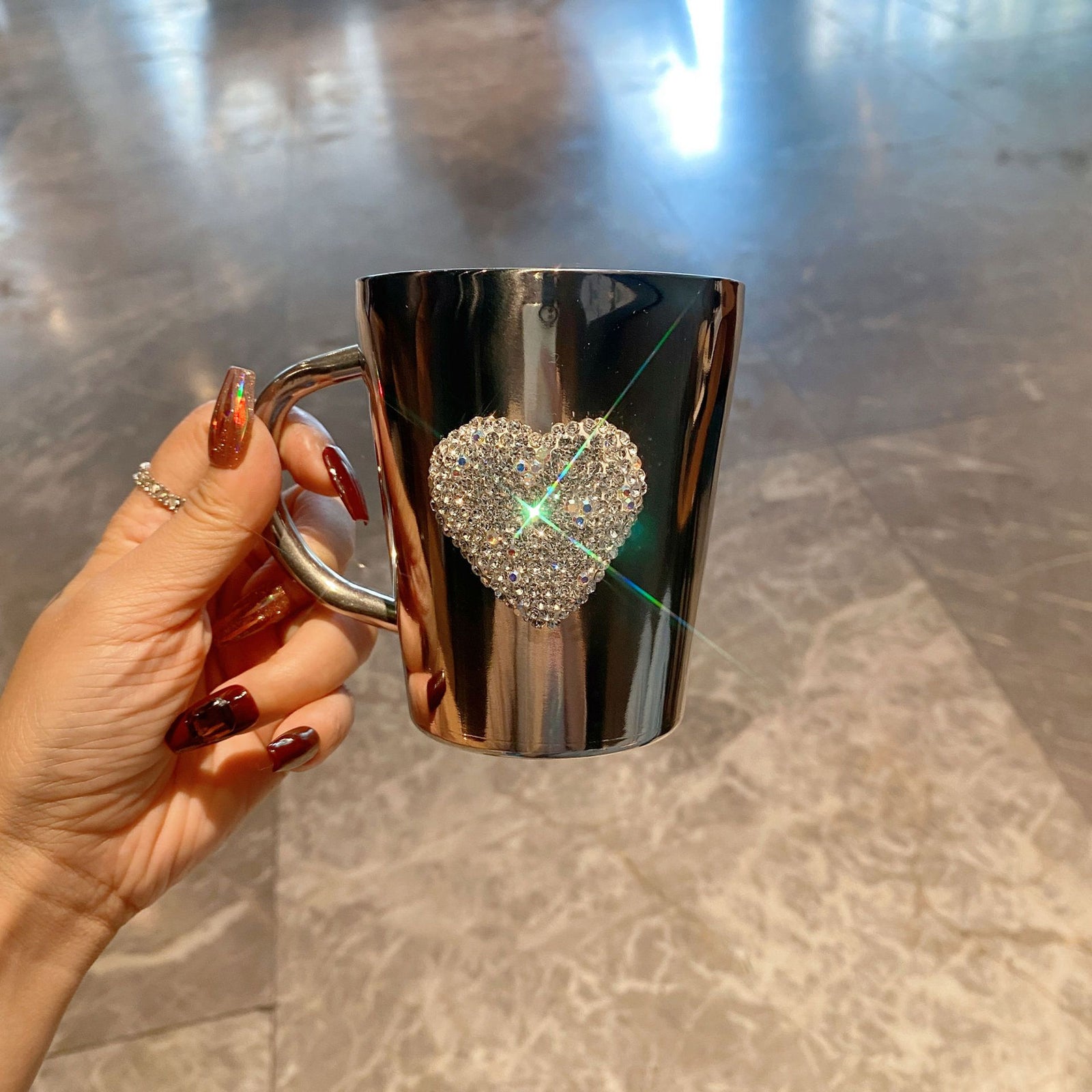 1pc Diamond-Studded Heart-Shaped Stainless Steel Coffee Mug - 304 Stainless Steel, Portable Travel Cup with Sparkling Diamond Accents, Elegant Gift for Coffee & Tea Lovers