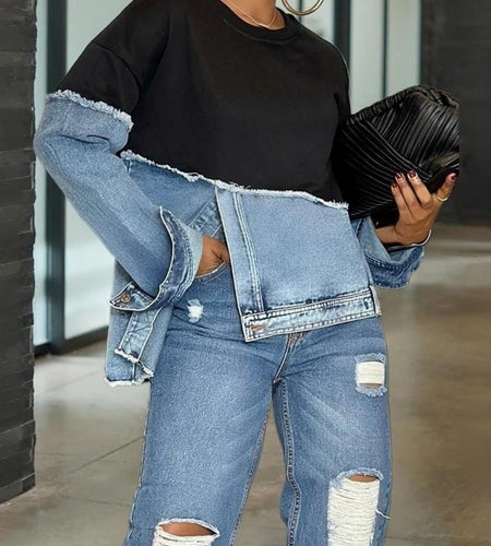 Women's Oversized Denim Patchwork Jacket-like Top - Casual Long Sleeve Crew Neck Blazer with Asymmetrical Collar, Fringe-Free Patchwork Design (No Chest Padding), All-Season Versatile Wear, Hand Washable Jeans-Inspired Blouse