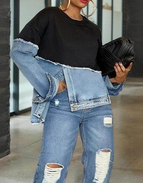 Load image into Gallery viewer, Women's Oversized Denim Patchwork Jacket-like Top - Casual Long Sleeve Crew Neck Blazer with Asymmetrical Collar, Fringe-Free Patchwork Design (No Chest Padding), All-Season Versatile Wear, Hand Washable Jeans-Inspired Blouse
