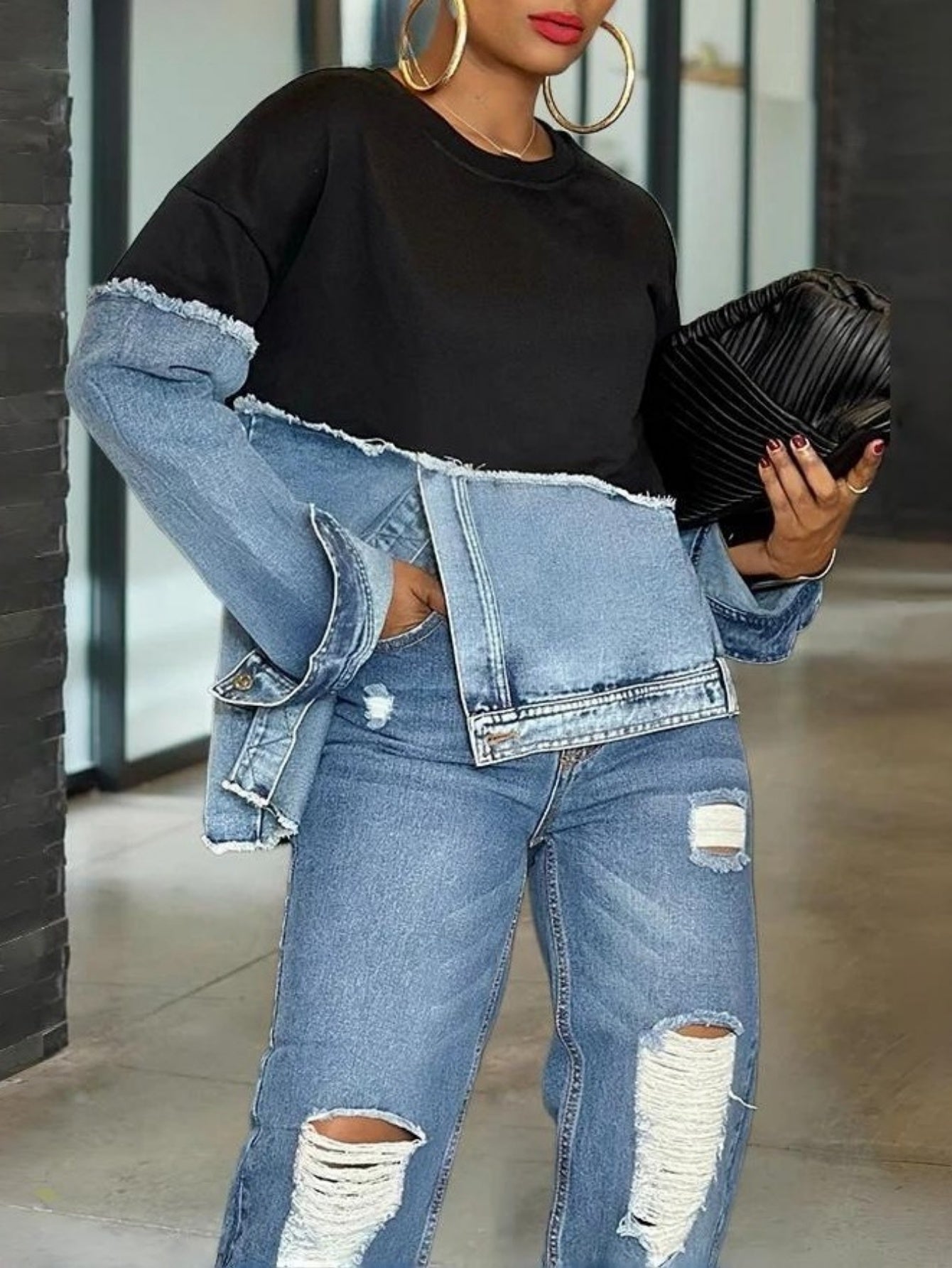 Women's Oversized Denim Patchwork Jacket-like Top - Casual Long Sleeve Crew Neck Blazer with Asymmetrical Collar, Fringe-Free Patchwork Design (No Chest Padding), All-Season Versatile Wear, Hand Washable Jeans-Inspired Blouse