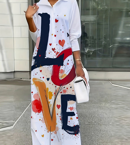 Women Lightweight A-Line Lapel Collar Shirt Dress - Retro Short Sleeve Spring Summer Dress with Colorful Heart & Letter Print, Machine Washable
