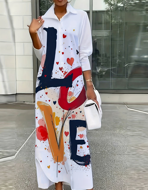 Load image into Gallery viewer, Women Lightweight A-Line Lapel Collar Shirt Dress - Retro Short Sleeve Spring Summer Dress with Colorful Heart &amp; Letter Print, Machine Washable
