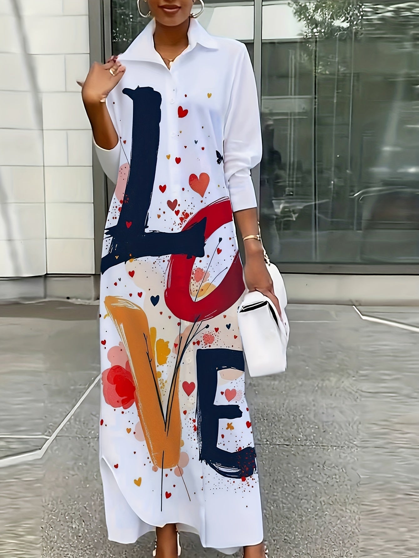 Women Lightweight A-Line Lapel Collar Shirt Dress - Retro Short Sleeve Spring Summer Dress with Colorful Heart & Letter Print, Machine Washable