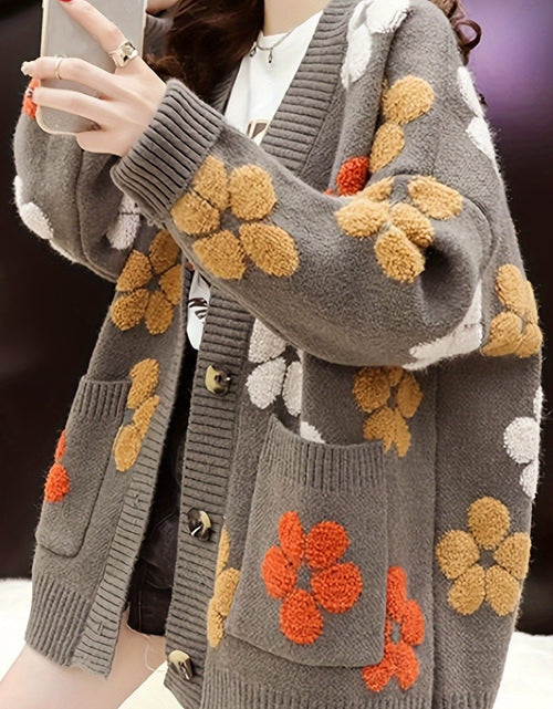 Load image into Gallery viewer, Women&#39;s Flower Print Cardigan V-Neck Short Eye-Catching 100% Polyester Button Detail Micro Elasticity Casual Knit Cardigan
