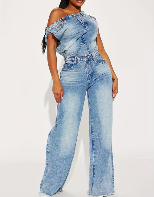 Load image into Gallery viewer, Women&#39;s Denim Jumpsuit - Y2K Inspired, Distressed Blue, Wide Leg, Asymmetrical Hem, Vintage 90s Style
