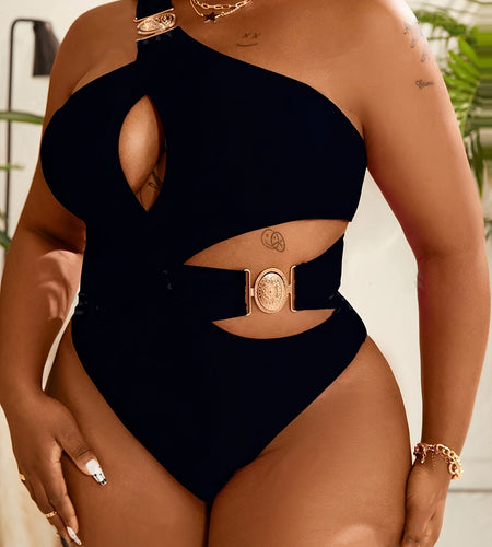 Sexy One-Piece Swimsuit Women's Plus Size Sexy One-Piece Swimsuit | High Elasticity Solid Color Black with Removable Chest Pads | High Waisted Swimsuit