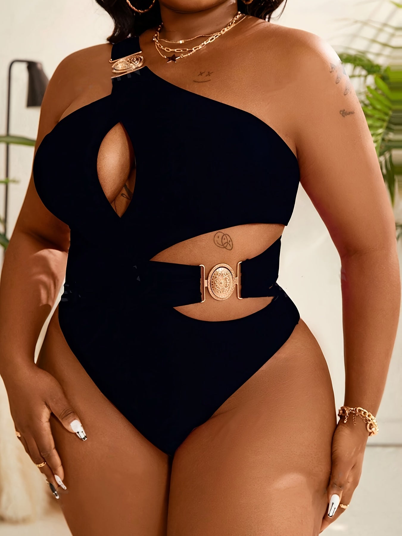 Sexy One-Piece Swimsuit Women's Plus Size Sexy One-Piece Swimsuit | High Elasticity Solid Color Black with Removable Chest Pads | High Waisted Swimsuit