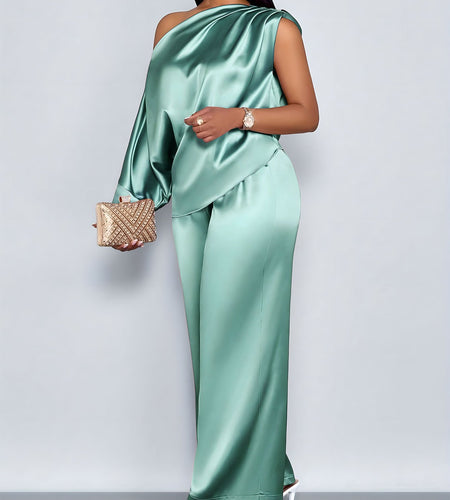 Plus Size - Women Fashion Elegant Plus Size 2pcs Batwing Blouse and Long Pants Set, Solid Color Asymmetrical Neck Blouse and Straight-Leg Long Pants Sets