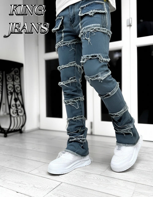 Load image into Gallery viewer, - Men Slim Straight Denim Trousers Featuring Layered Rips And Patchwork - Mid-Rise with a Zipper, Fringed Design, Ideal for Street Fashion,
