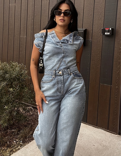 Load image into Gallery viewer, Women&#39;s Denim Jumpsuit - Y2K Inspired, Distressed Blue, Wide Leg, Asymmetrical Hem, Vintage 90s Style
