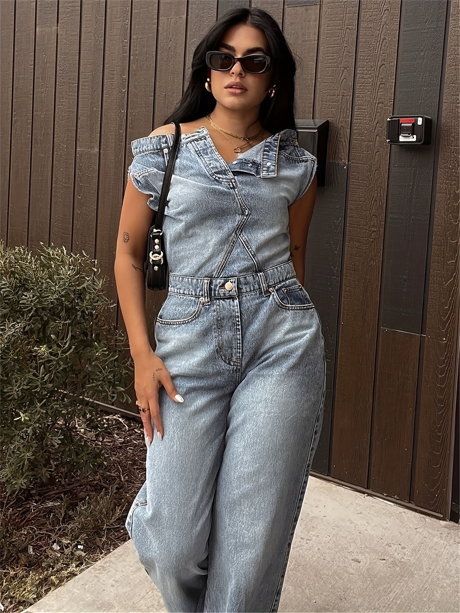 Women's Denim Jumpsuit - Y2K Inspired, Distressed Blue, Wide Leg, Asymmetrical Hem, Vintage 90s Style