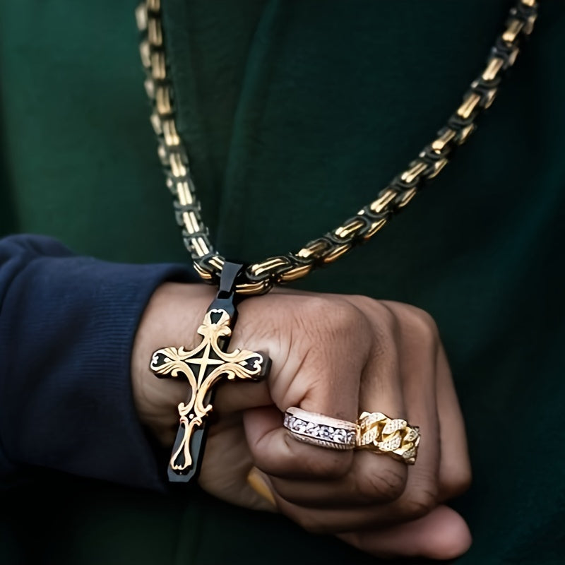 Men Stainless Steel Cross Necklace Set 2pcs Cuban Chain with Cross Pendant Retro Fashion Jewelry for Men