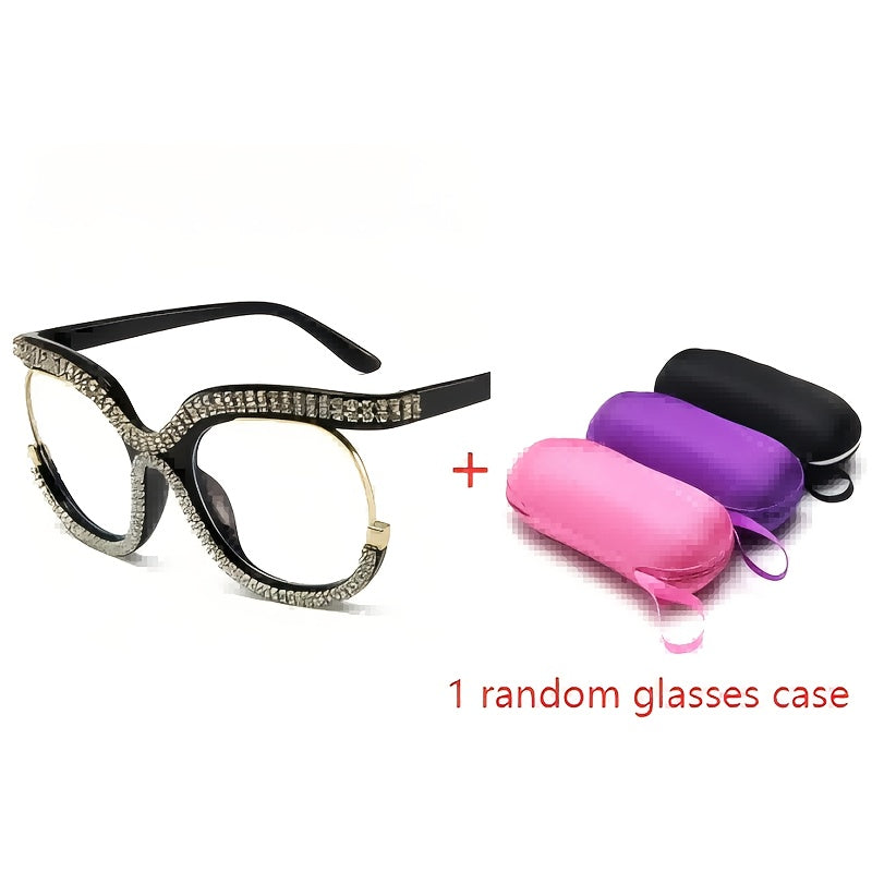 Women's Owl-Shaped Crystal Embellished Blue Light Blocking Glasses Non-Prescription Fashionable Rimless Spectacles with Portable Case