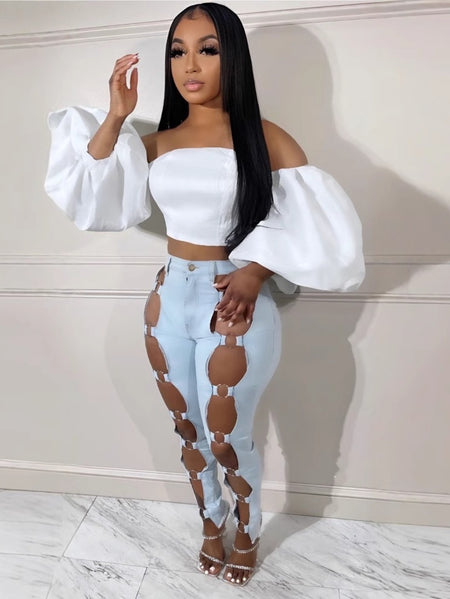 Women's Jeans - 2025 New Slim Sexy Light Blue Washed Steel Ring Lace-up Tight Ankle Jeans