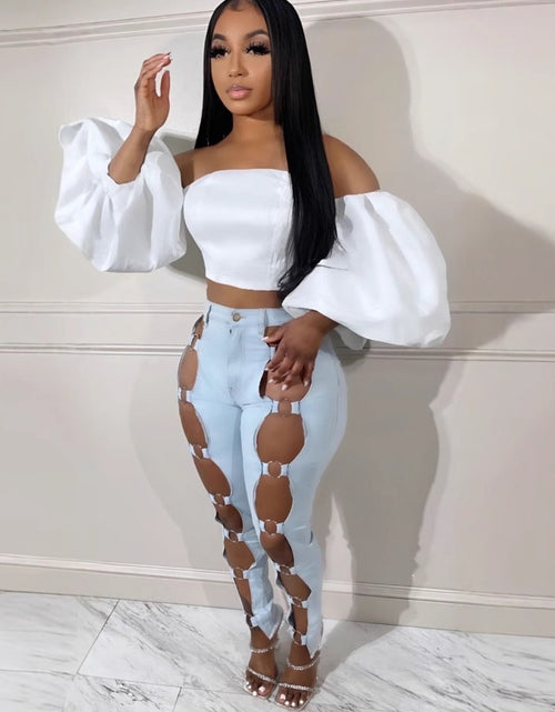 Load image into Gallery viewer, Women&#39;s Jeans - 2025 New Slim Sexy Light Blue Washed Steel Ring Lace-up Tight Ankle Jeans
