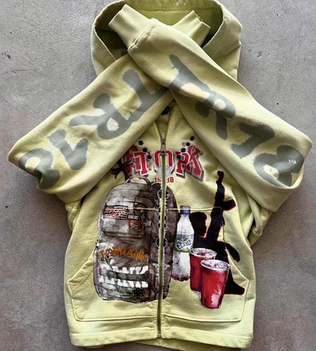 Men's & Women's Oversized Y2K Retro Graffiti Print Zip-Up Hooded Jacket - Full-Zip Streetwear Coat with Music Note & Cassette Tape Design, , Machine Washable All-Season Casual Outer Layer (Green/Beige) - Unisex Vintage 90s