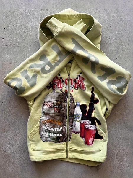 Men's & Women's Oversized Y2K Retro Graffiti Print Zip-Up Hooded Jacket - Full-Zip Streetwear Coat with Music Note & Cassette Tape Design, , Machine Washable All-Season Casual Outer Layer (Green/Beige) - Unisex Vintage 90s