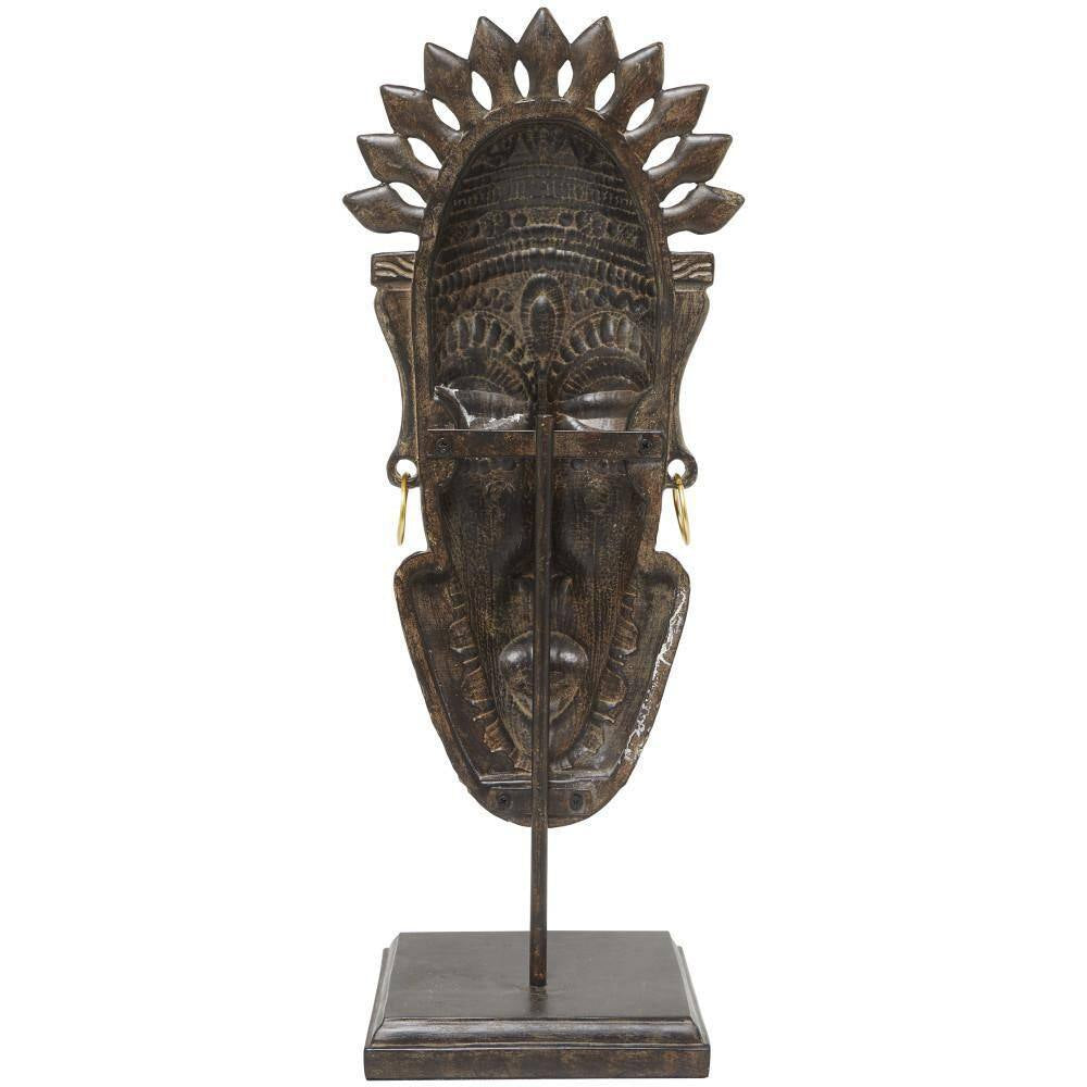 6 In. X 22 In. Brown Polystone Primitive African Mask Sculpture