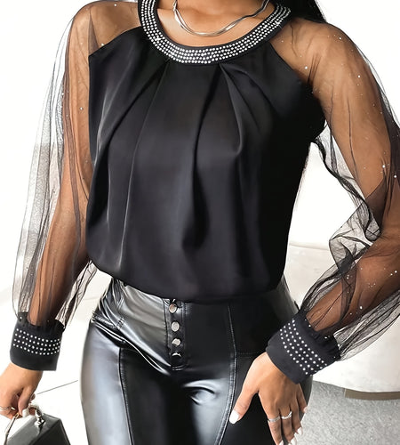 Elegant Women Black Blouse | Round Neck, Long Sleeves, Machine Washable, Breathable Fabric, Sophisticated Detailing Very Fashionable