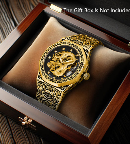 Fashionable Men Golden Steel Band Gorgeous Dragon Carved Fully Automatic Mechanical Watch, Without Battery