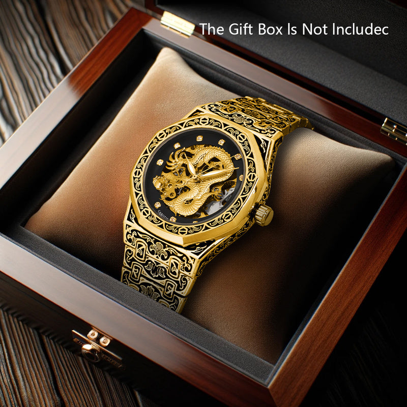 Fashionable Men Golden Steel Band Gorgeous Dragon Carved Fully Automatic Mechanical Watch, Without Battery