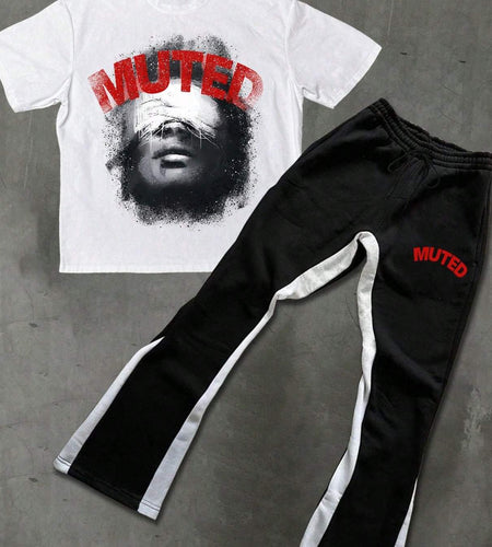 Men "MUTED" Graphic T-Shirt & Joggers Set - Casual Summer Outfit with Bold Red Letter Print, Loose Fit, Breathable Fabric