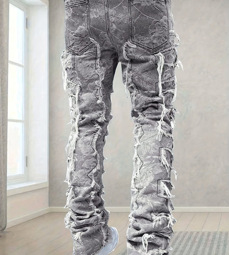 Men Distressed Denim Jeans with Frayed Hem & Tassel Details - Slim Fit Streetwear Style, Non-Stretch Fabric,  Casual Wear, Distressed Jeans, Streetwear Fashion,  Durable Fabric