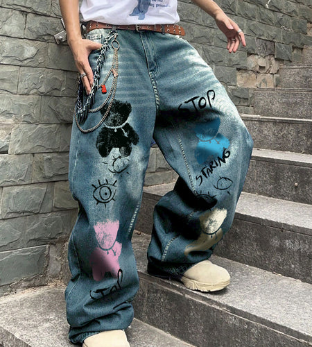 Men's Streetwear Wide-Leg Floor-Length Oversized Jeans - High-Waisted Elastic Waist Trousers with Letter Print (Stop/Go/Up//Yes/No) & Pocket Design -