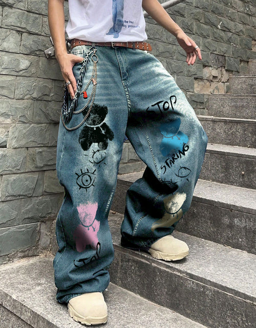 Load image into Gallery viewer, Men&#39;s Streetwear Wide-Leg Floor-Length Oversized Jeans - High-Waisted Elastic Waist Trousers with Letter Print (Stop/Go/Up//Yes/No) &amp; Pocket Design -
