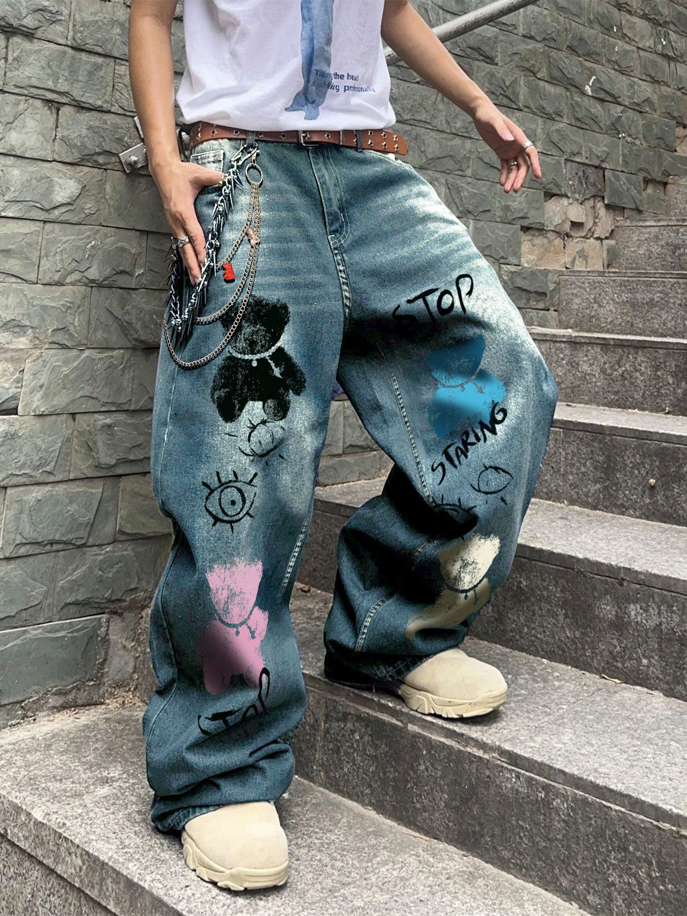 Men's Streetwear Wide-Leg Floor-Length Oversized Jeans - High-Waisted Elastic Waist Trousers with Letter Print (Stop/Go/Up//Yes/No) & Pocket Design -